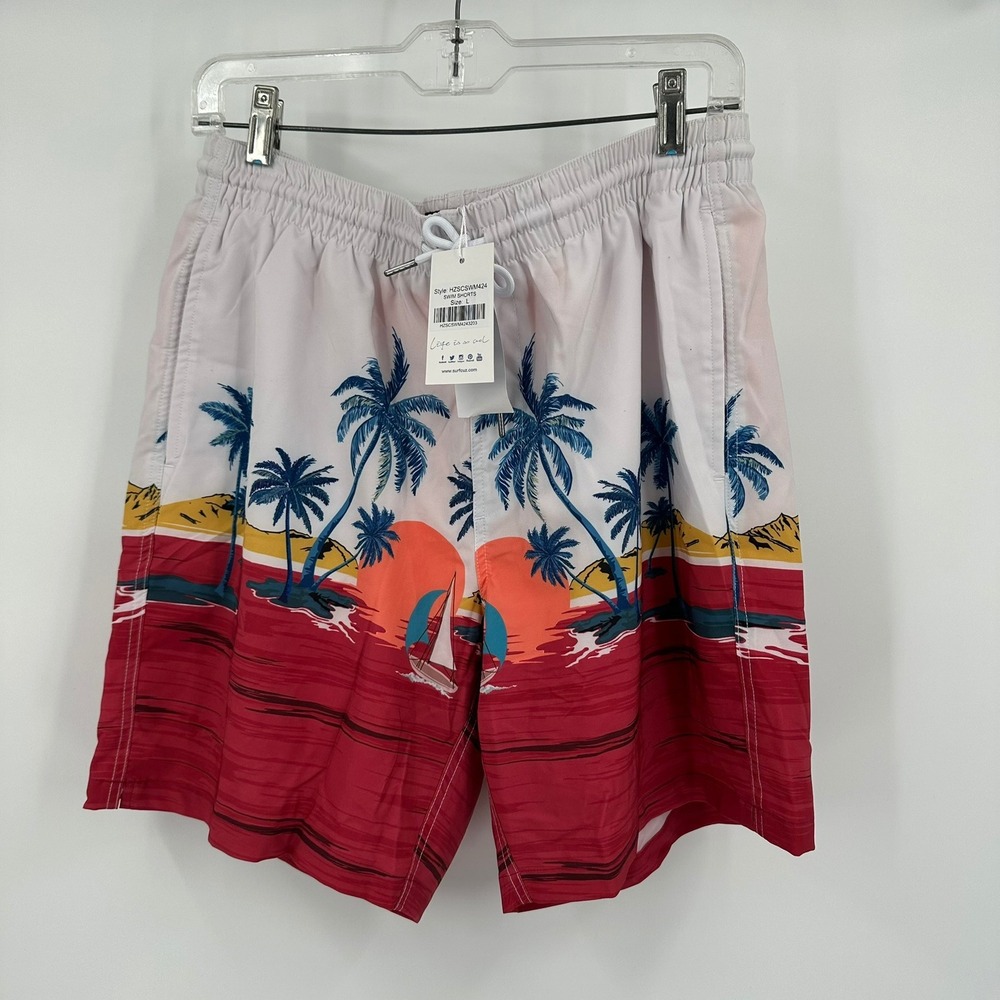 Surfcuz Mens Tropical Sunset Palm Tree Swim Trunks Size L Shorts Colorful Cruise
